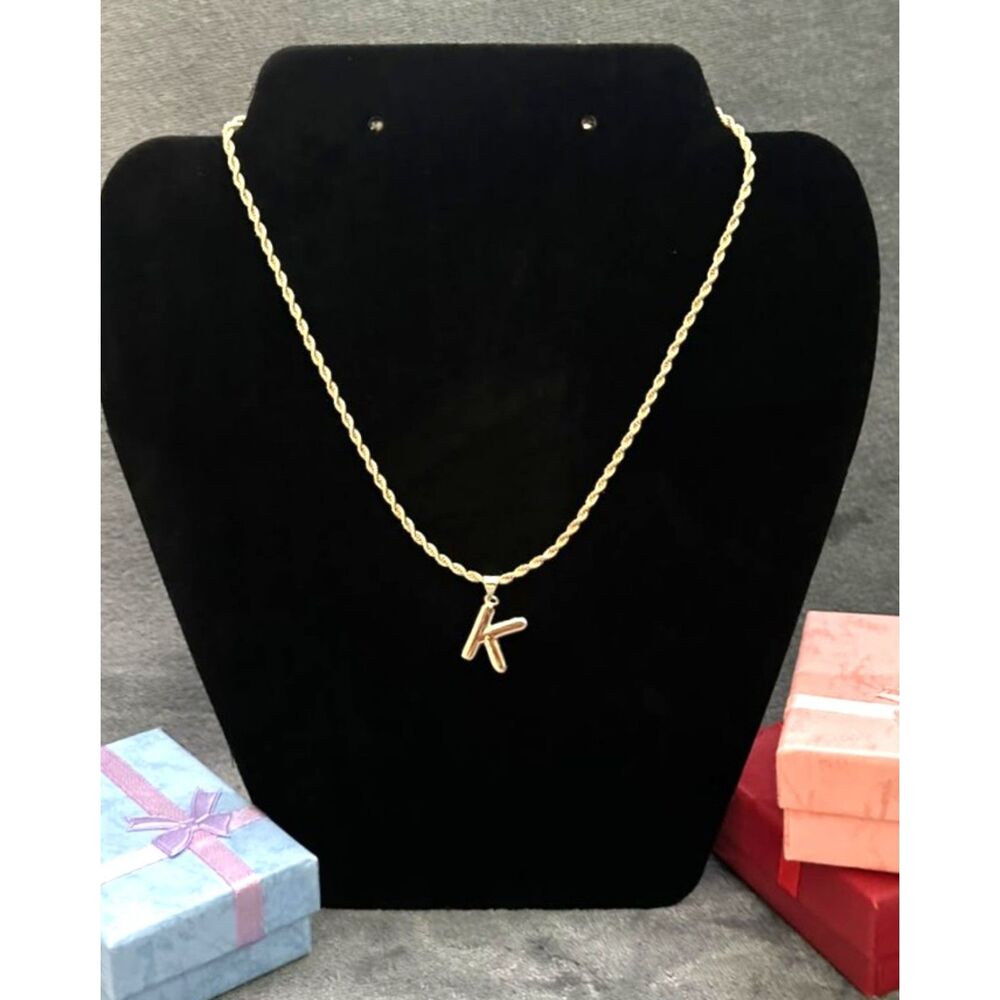 18K Gold Filled Bubble Letter K Pendant Necklace | 18" 2.5mm Rope Chain
